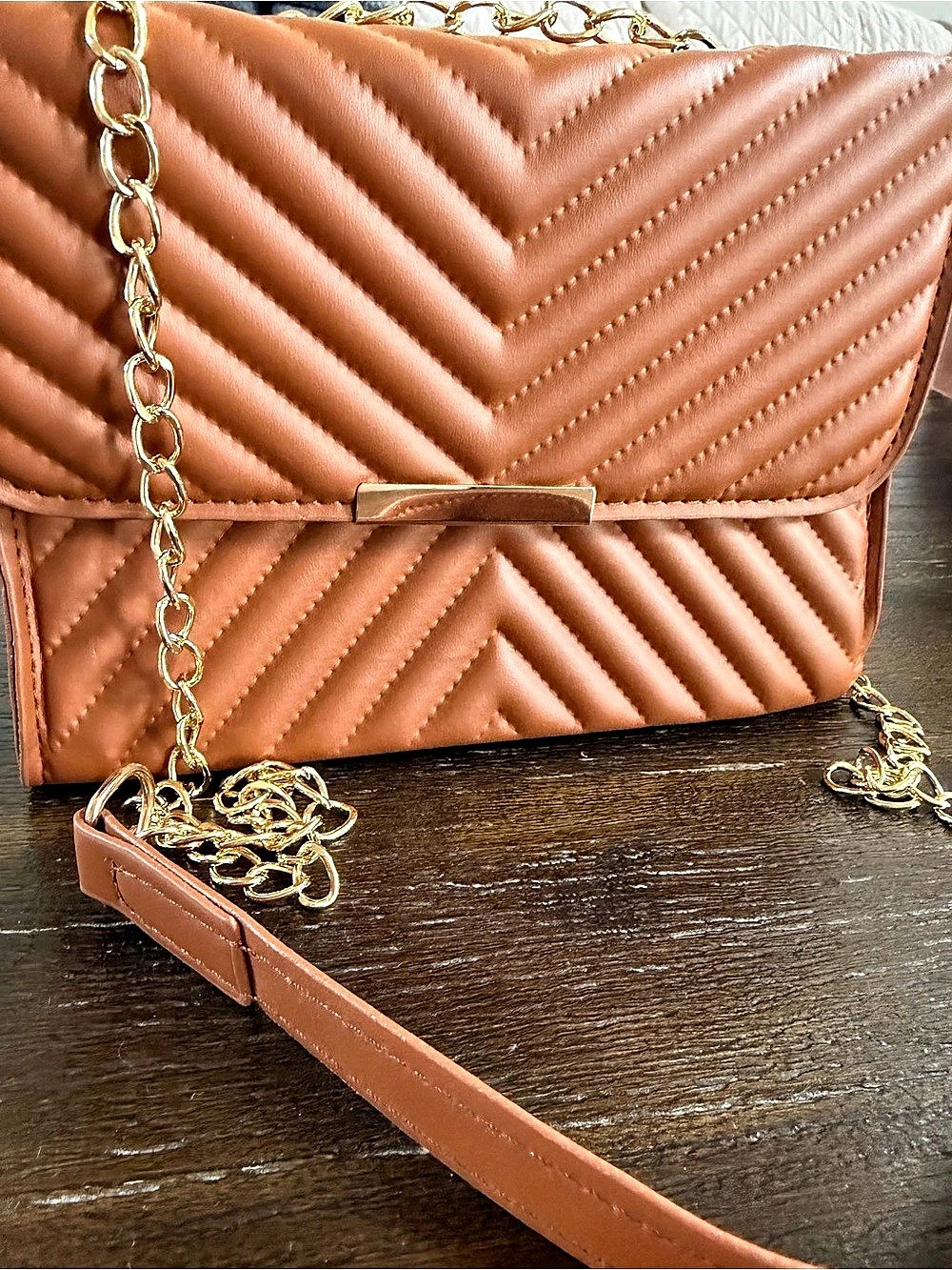 Zenana Brown Minimalist Shoulder Bag with gold tone chain